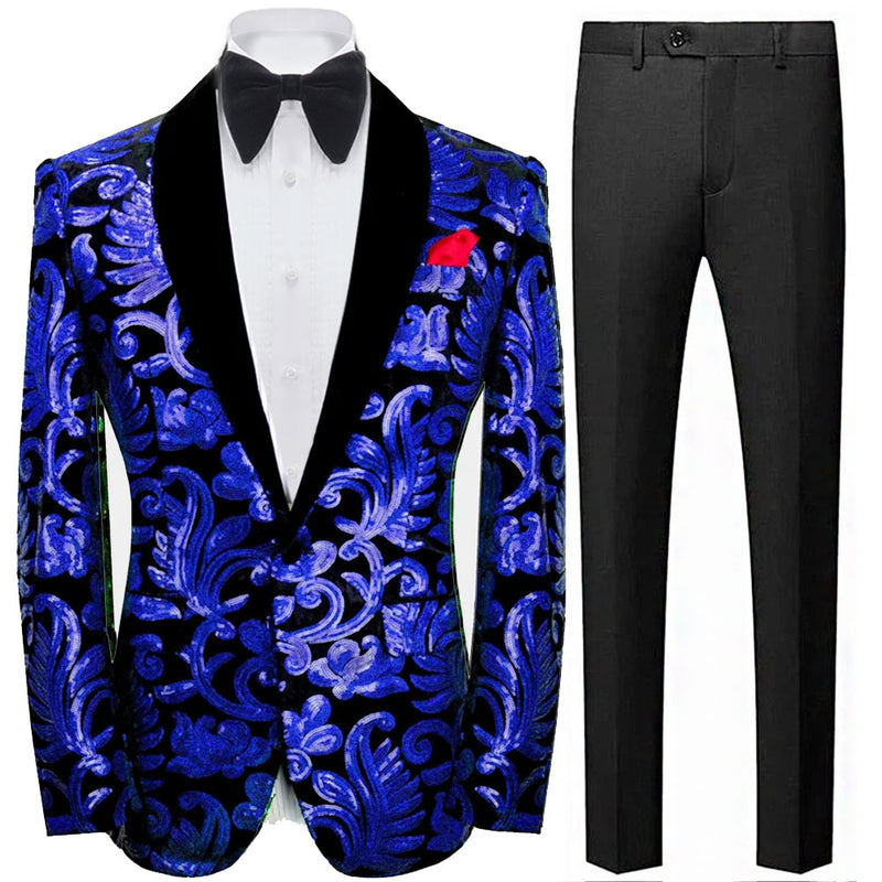 Men's Sparkle Floral Blue Sequin Tuxedo Jacket