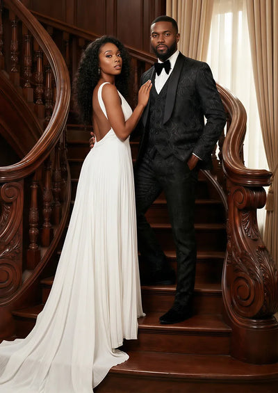 Men's 3-Piece Black Rose Embroidery Shawl Lapel Wedding Suit