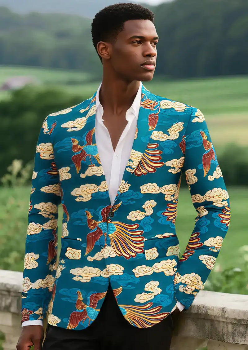 Men's Blue Tuxedo Featuring Phoenix and Cloud Motif with Notched Lapel
