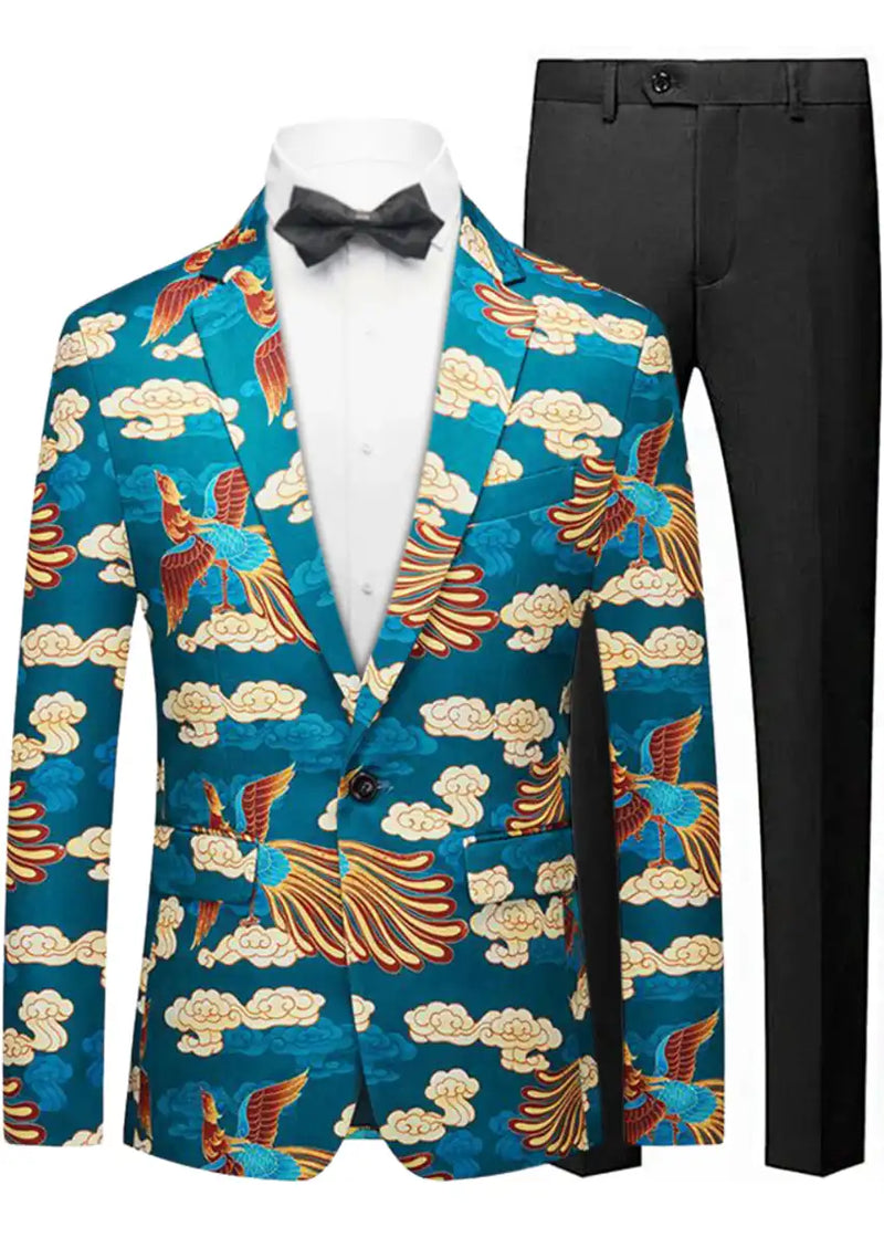 Men's Blue Tuxedo Featuring Phoenix and Cloud Motif with Notched Lapel