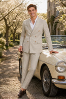Men's 2-Piece Double-breasted Beige Texture Suit