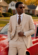 Men's 3-piece Barge Collar Beige Suit