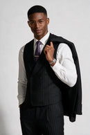 Men's Peak Lapel 3-Piece Striped Two Button Black Suit