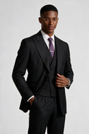 Men's Peak Lapel 3-Piece Striped Two Button Black Suit