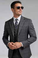 Men's 3-Piece Slim Fit Windowpane Plaid Gray Suit