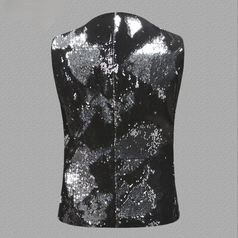 Men's Unique Gradient Sequin Black And Silver Vest