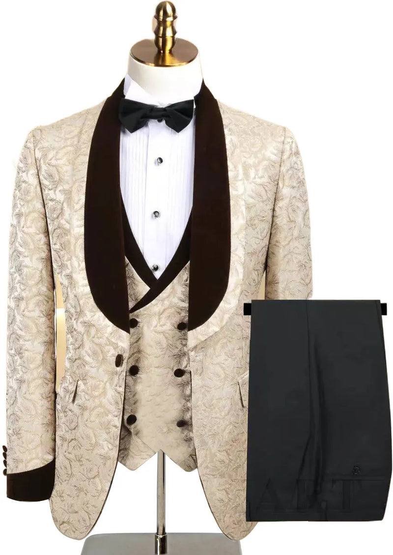 Men's 3-Piece Stacked Shawl Collar Jacquard Gold Tuxedo