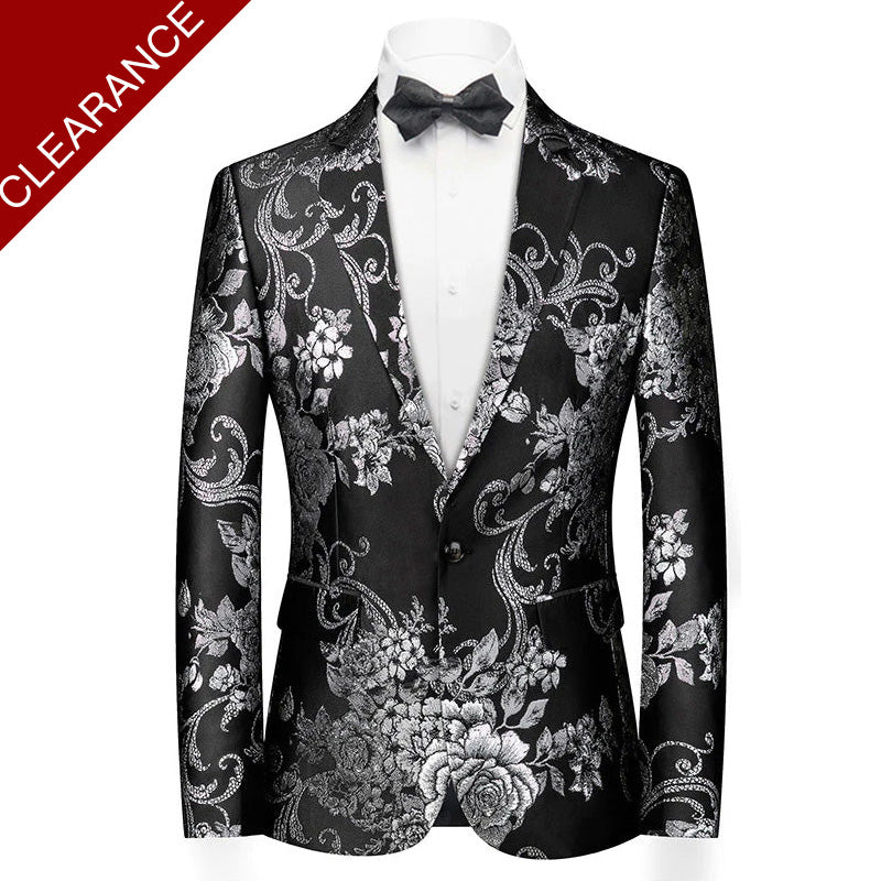Men's Fashion Silver Peony Jacquard Black Blazer Only Jacket