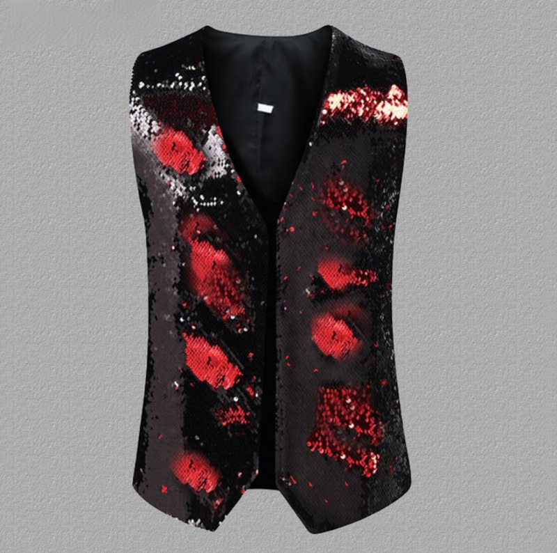 Men's Unique Gradient Sequin Black And Red Vest