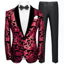 Men's Fashion Floral Velvet Sequin Jacket Red Tuxedo