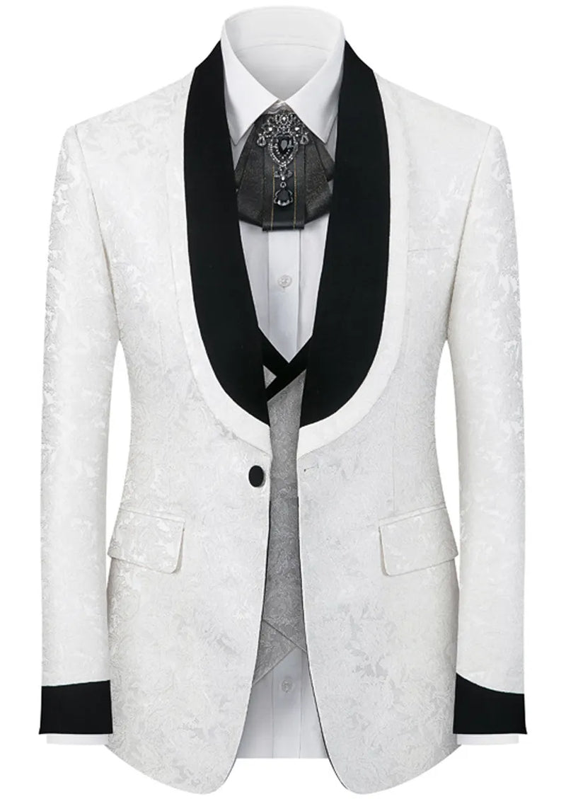 Men's 3-Piece Stacked Shawl Collar Jacquard White Tuxedo