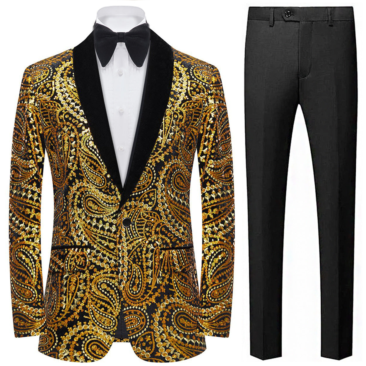T816 Men'S Shiny Sequins Slim Blazer Paisley Tuxedo Jacket Blue/Gold main image 0