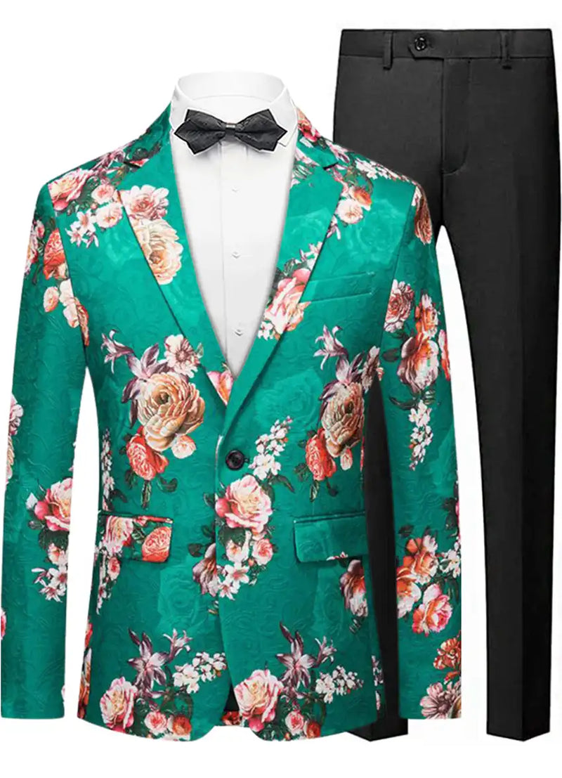 Men's Multicolor Floral Jacquard Tuxedo Jacket in Green with Notched Lapel
