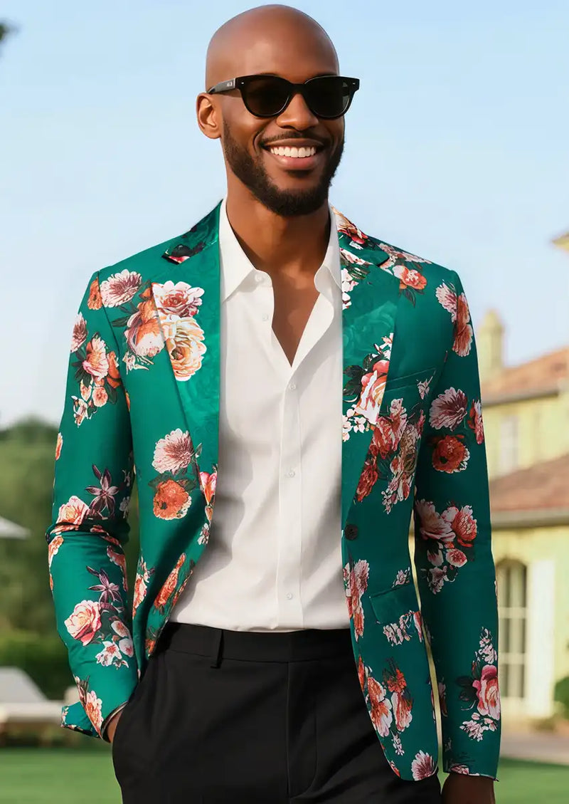 Men's Multicolor Floral Jacquard Tuxedo Jacket in Green with Notched Lapel