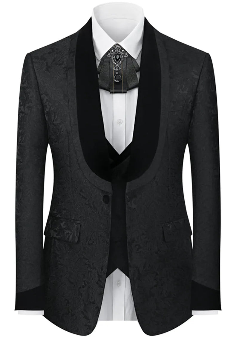 Men's 3-Piece Stacked Shawl Collar Jacquard Black Tuxedo