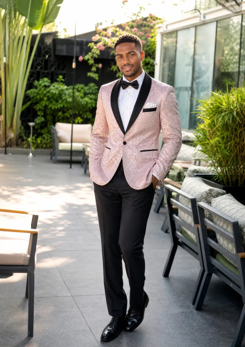 pink dress shirt with black tie Blush Floral Jacquard Tuxedo Lapel (2-Piece) Color:Custom colour by request Valery Latex Dress (Black) backless bridal dresses spandex blend