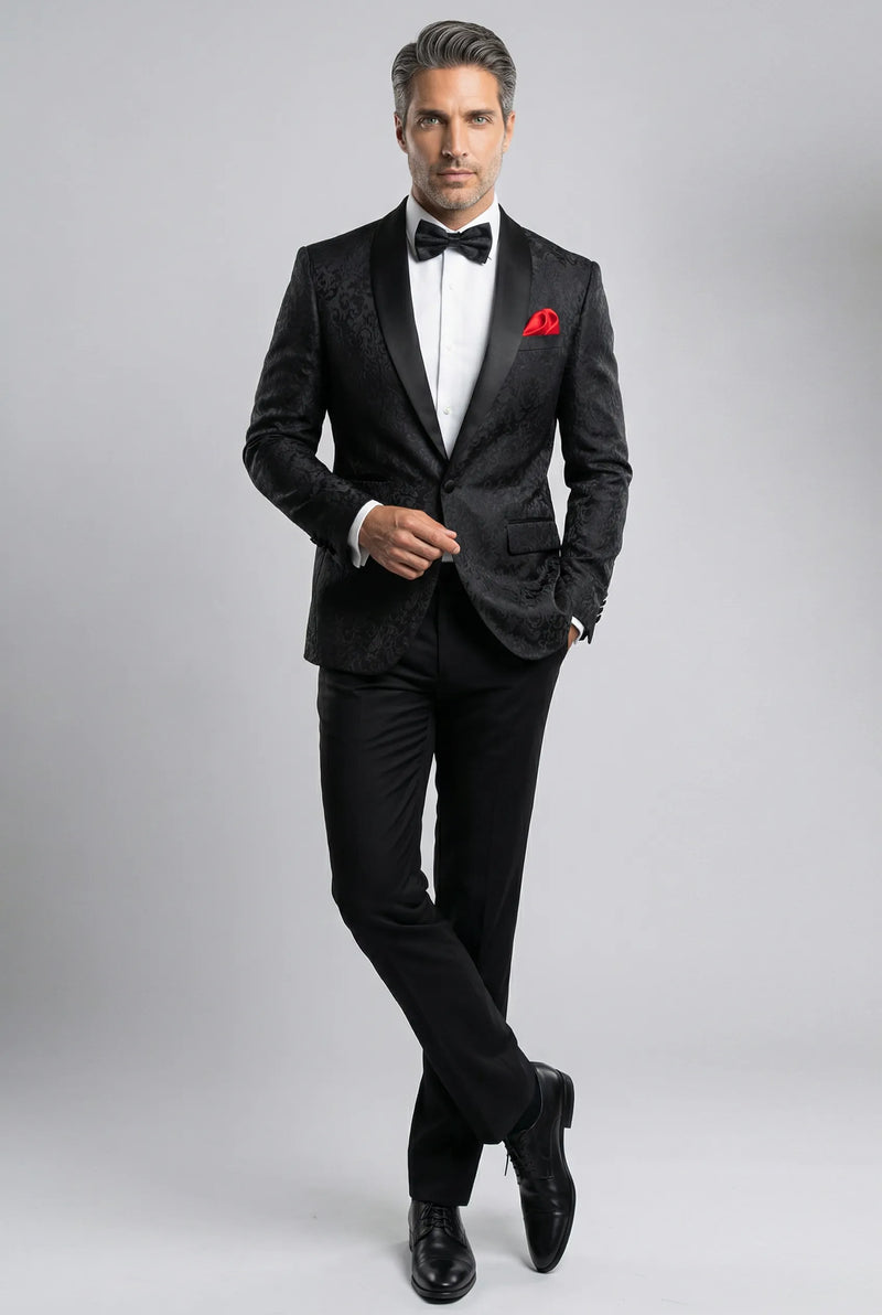 Men's 2-Piece Jacquard Embroidery Paisley Black Suit
