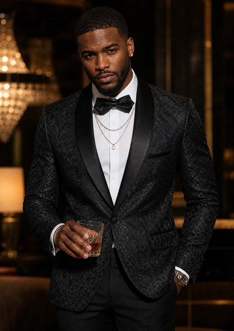 Men's 2-Piece Jacquard Embroidery Paisley Black Suit