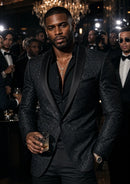 Men's 2-Piece Jacquard Embroidery Paisley Black Suit