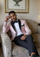 Blush Pink Floral Jacquard Tuxedo with Black Lapel (2-Piece)