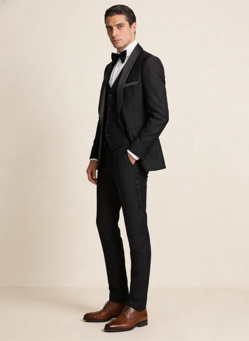 Tuxedo Action Men's 3-Piece Classic Groom Dresses Elegant Black Groomsmen Suit, Black / 34R