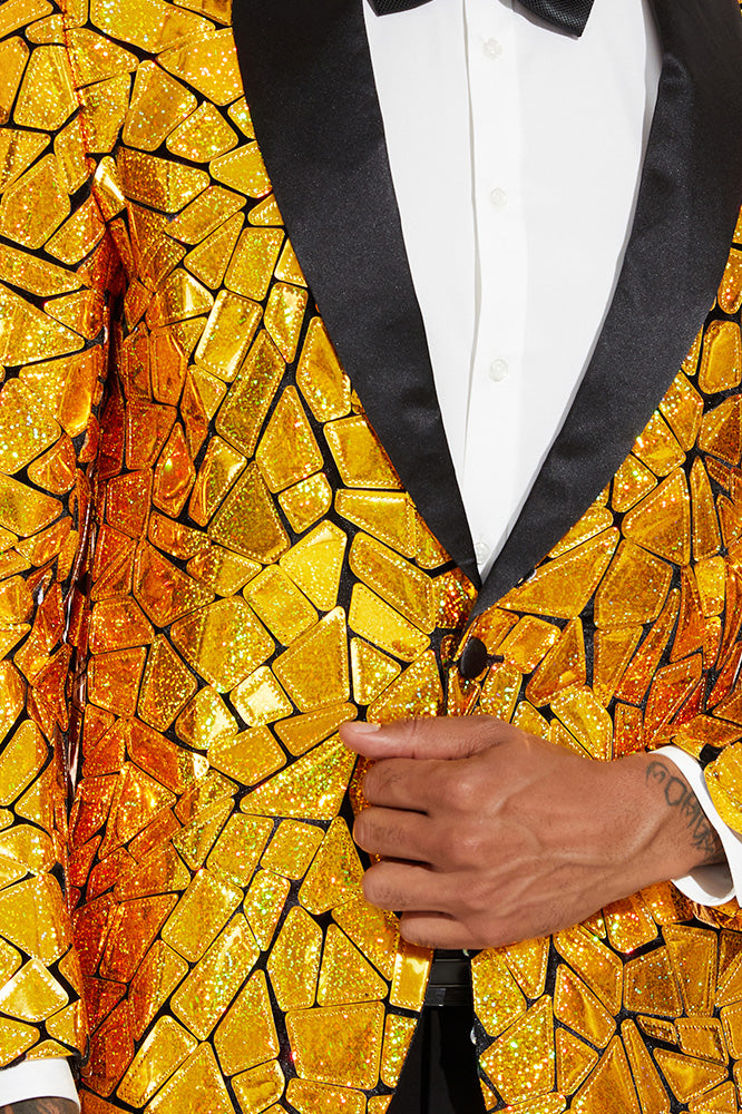 Mens Vested One Button Shawl Tuxedo in Geometric Chain Print in Gold main image 1
