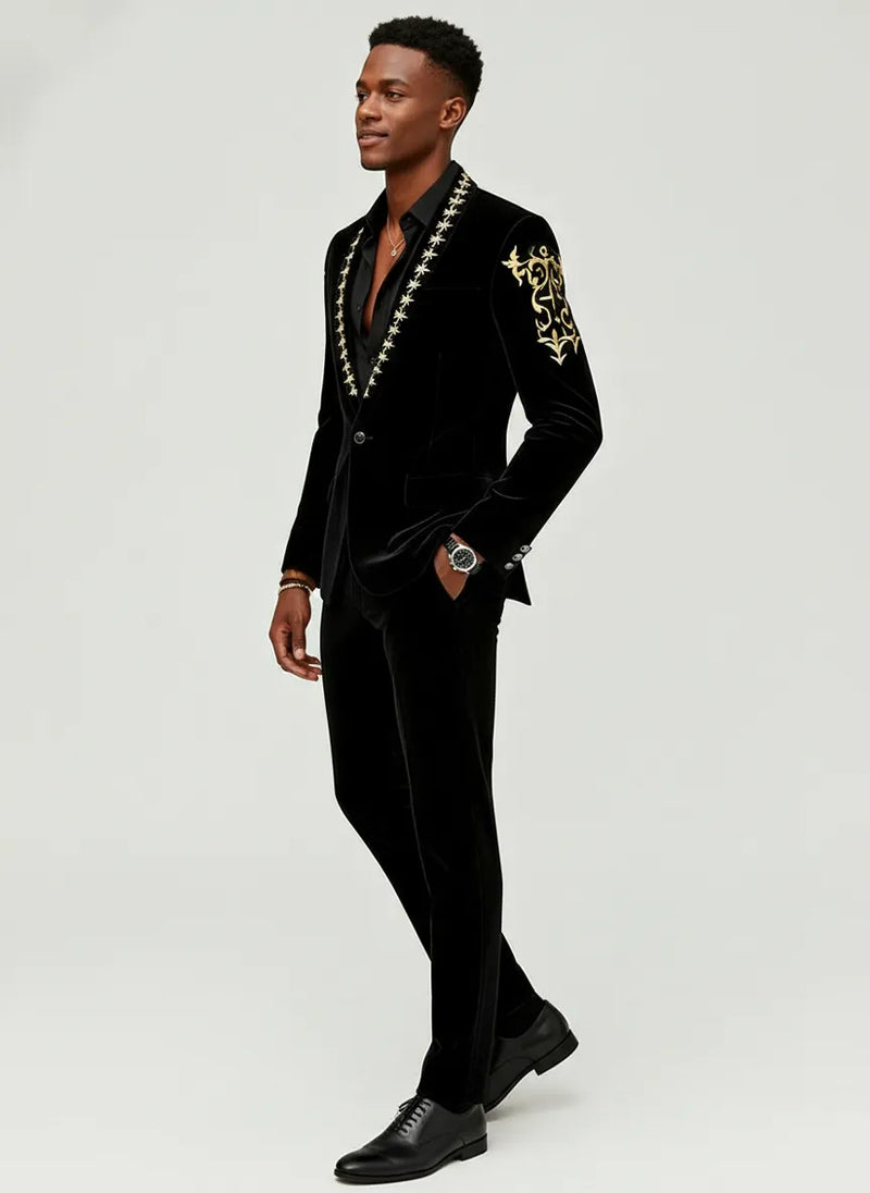 Mens 2-Piece Gold Embroidered Velvet Black Dinner Jacket
