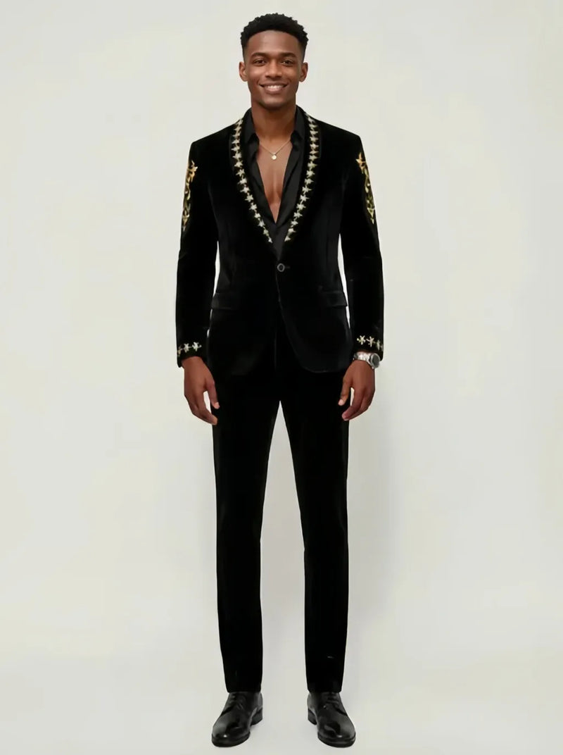 Mens 2-Piece Gold Embroidered Velvet Black Dinner Jacket