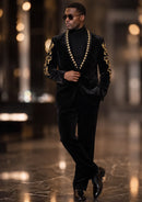 Royal Black Velvet Gold Embroidered Tuxedo (2-Piece)