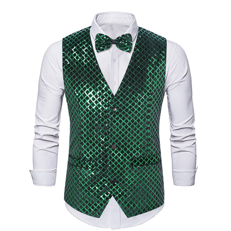 Men's Fashion Sequin Plaid Striped Green Vest