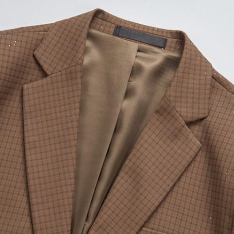 Plaid Sequin Brown Suit collar