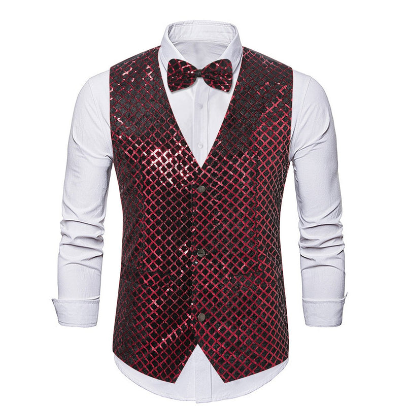 Tuxedo Action Men's Fashion Sequin Plaid Striped Red Vest, Red / 46R