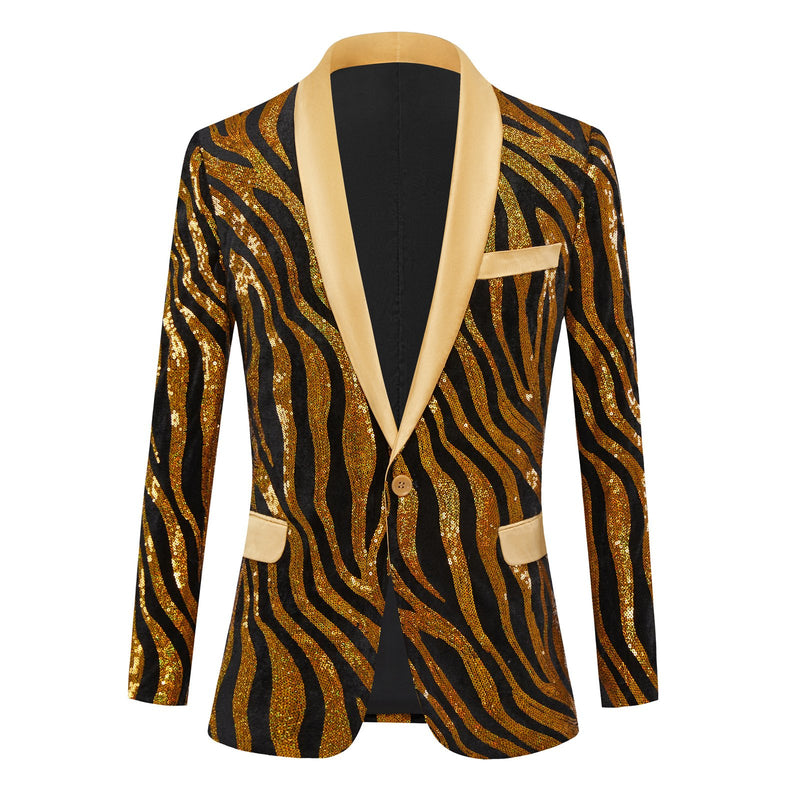 Men's One-Button Tiger Striped Sequin Orange Tuxedo