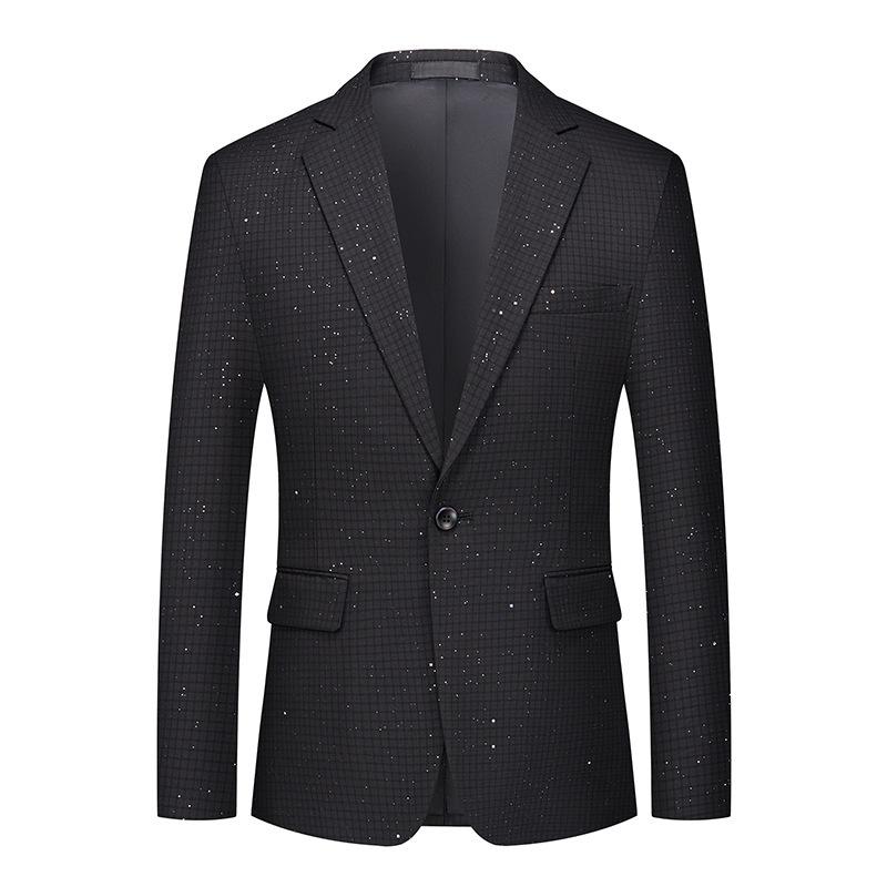 Men's 2-Piece Single-Row Sequin Embellished Plaid Black Suit