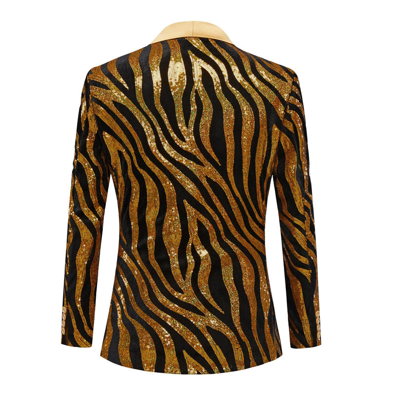 Men's One-Button Tiger Striped Sequin Orange Tuxedo