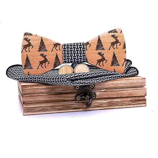 Handmade Wood Bow Tie Set 3-Piece for Christmas 6 Colors