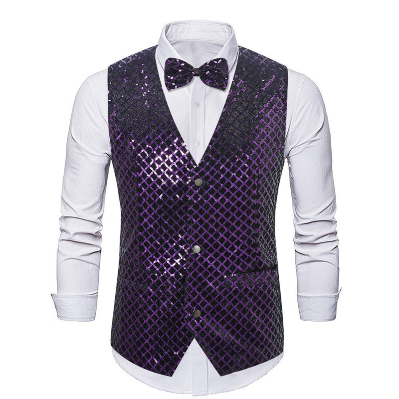 Men's Fashion Sequin Plaid Striped Purple Vest