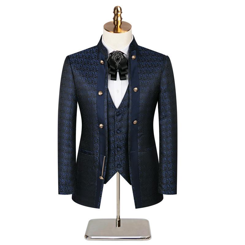 Men's 3-Piece Traditional Collar Navy Paisley Fitted Party Suit