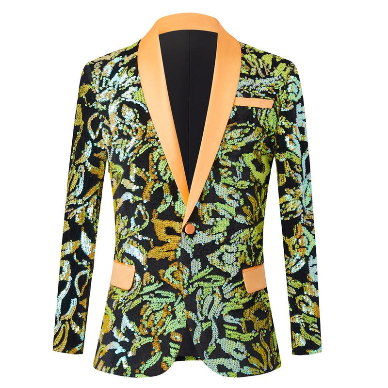 Men's One-Button Green Leaf Sequin Tuxedo