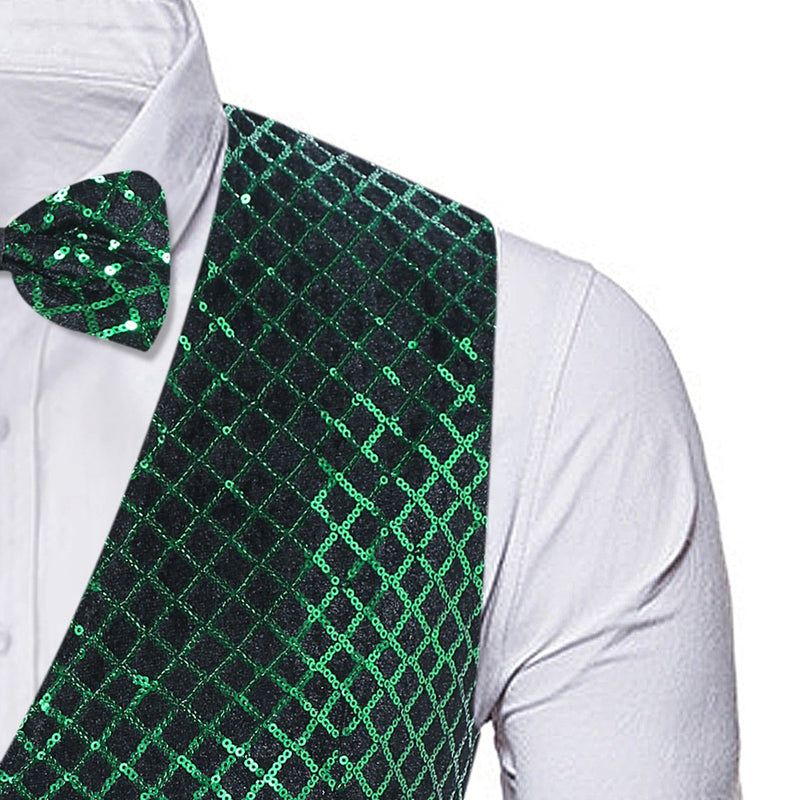 Men's Fashion Sequin Plaid Striped Green Vest