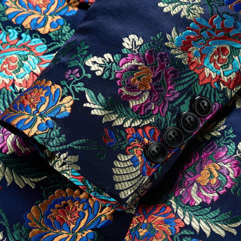 Men's 2-Piece Floral Pattern Jacquard Embroidery Blue Tuxedo