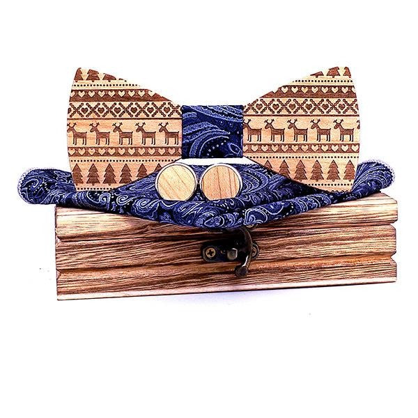 Handmade Wood Bow Tie Set 3-Piece for Christmas 4 Colors