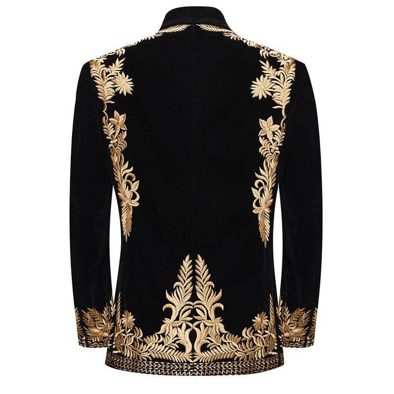 gold embroidered black velvet tuxedo back