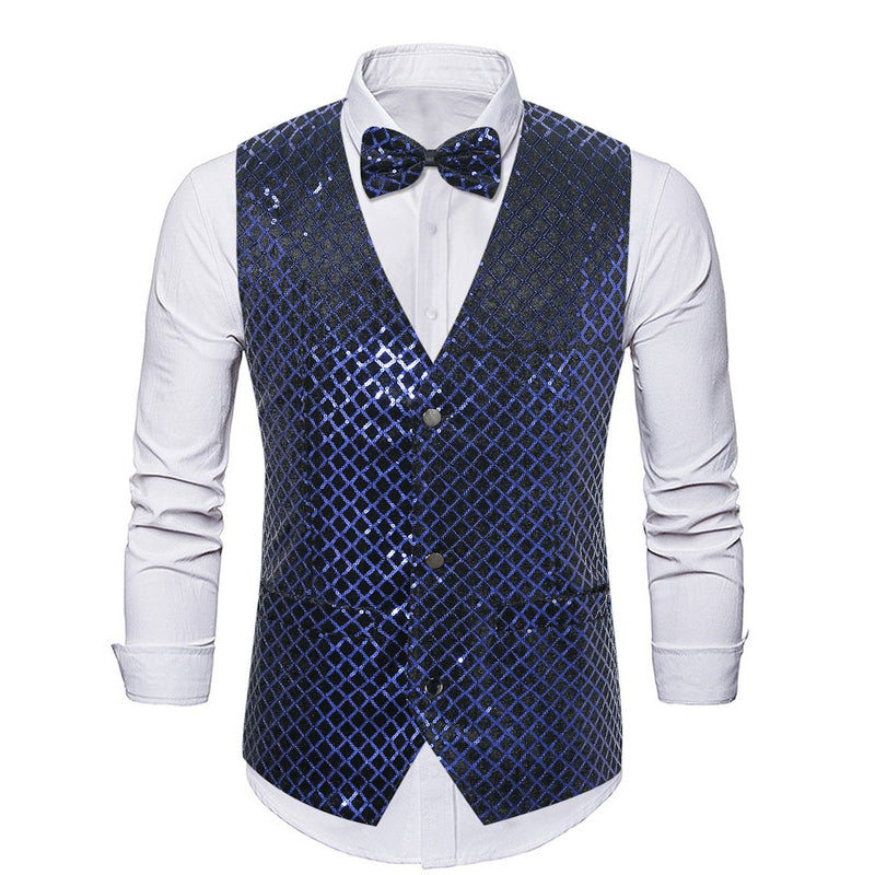 Men's Fashion Sequin Plaid Striped Navy Vest