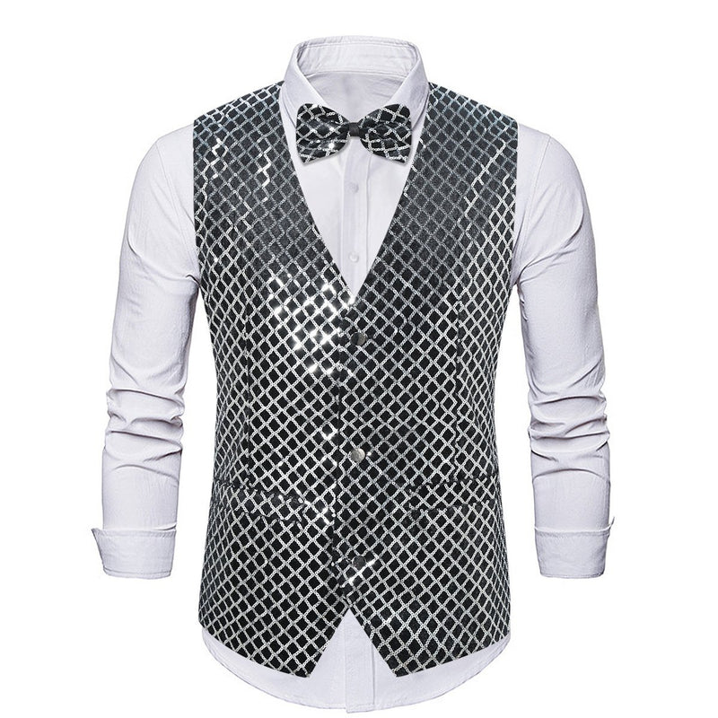 Men's Fashion Sequin Plaid Striped Silver Vest