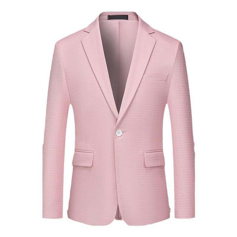 Men's 2-Piece Single-Row Sequin Embellished Plaid Pink Suit