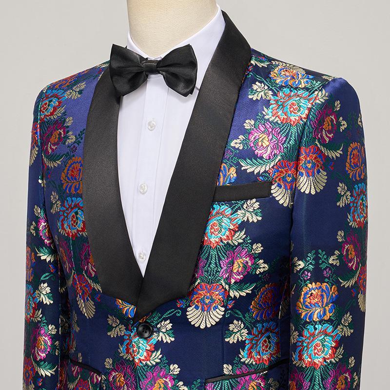 Men's 2-Piece Floral Pattern Jacquard Embroidery Blue Tuxedo