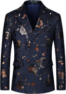 Blazer croisé bleu marine à fleurs dorées et argentées pour homme