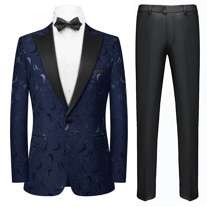 Men's Rose Embroidery Suits Wedding Suits Groom Navy Tuxedo Jacket