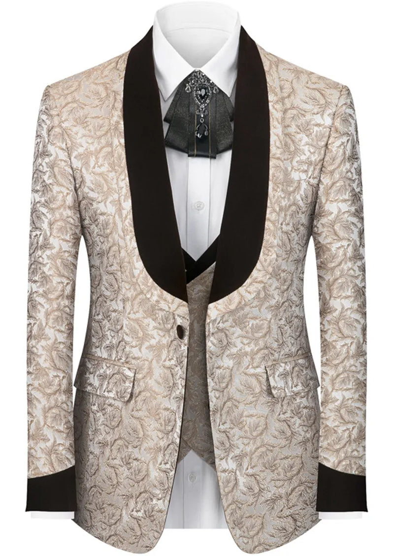 Men's 3-Piece Stacked Shawl Collar Jacquard Gold Tuxedo